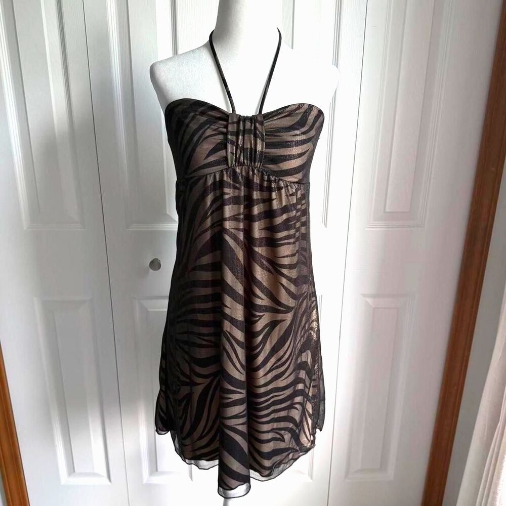 Vintage Y2K black & brown zebra print halter dress size M by City Studio